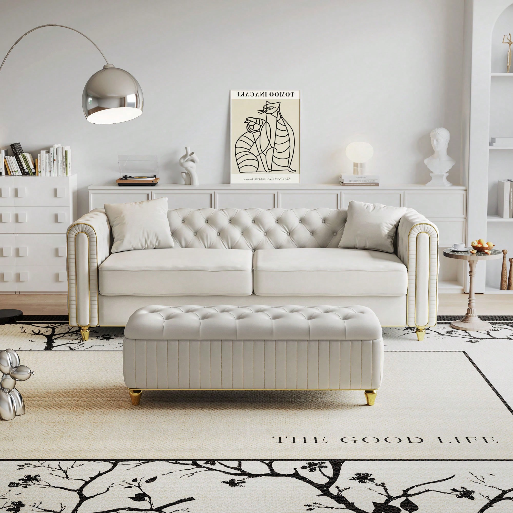 86'' W Luxury Tufted Sofa Set With Storage Ottoman