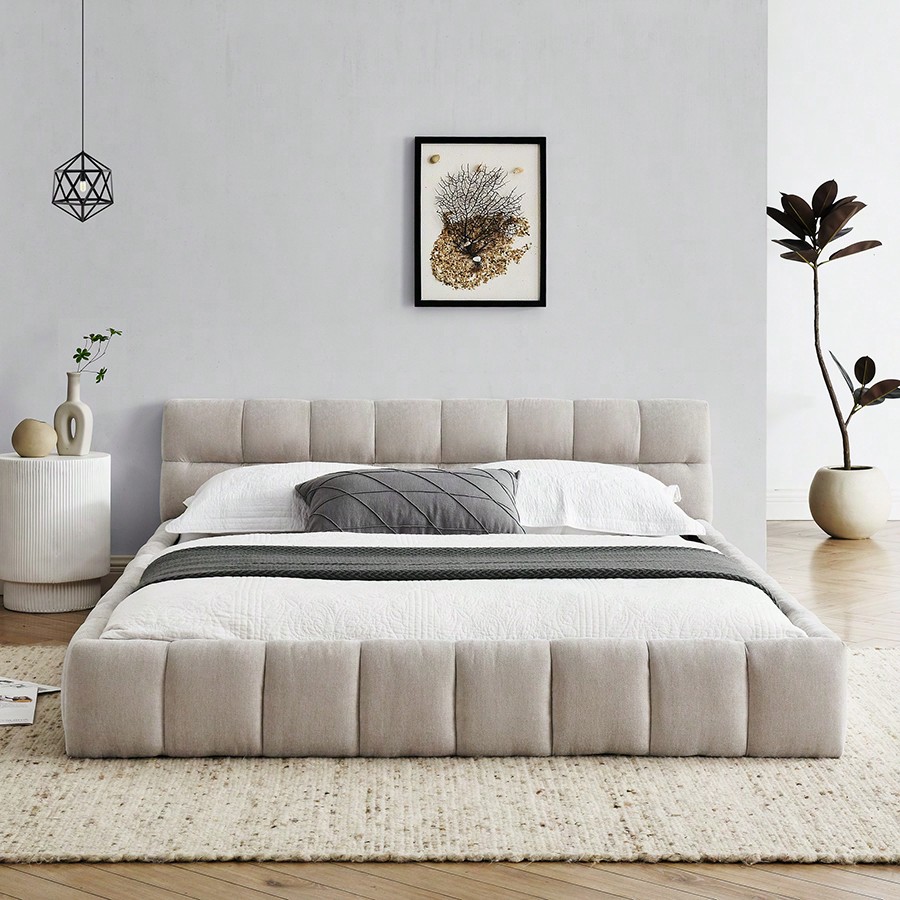 Queen Size Upholstered Bed Frame With Thick Fabric