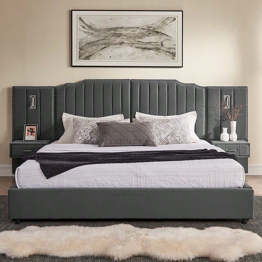 King/Queen Size Upholstered Platform Bed Frame With…