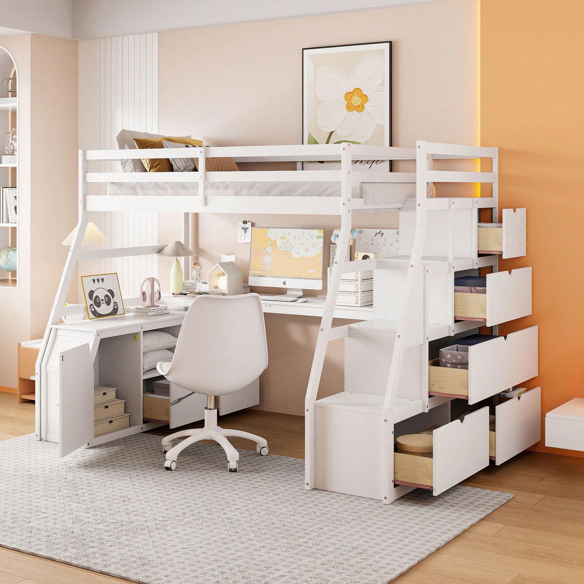 Twin Size & Full Size Loft Bed With Desk And Storage Drawers