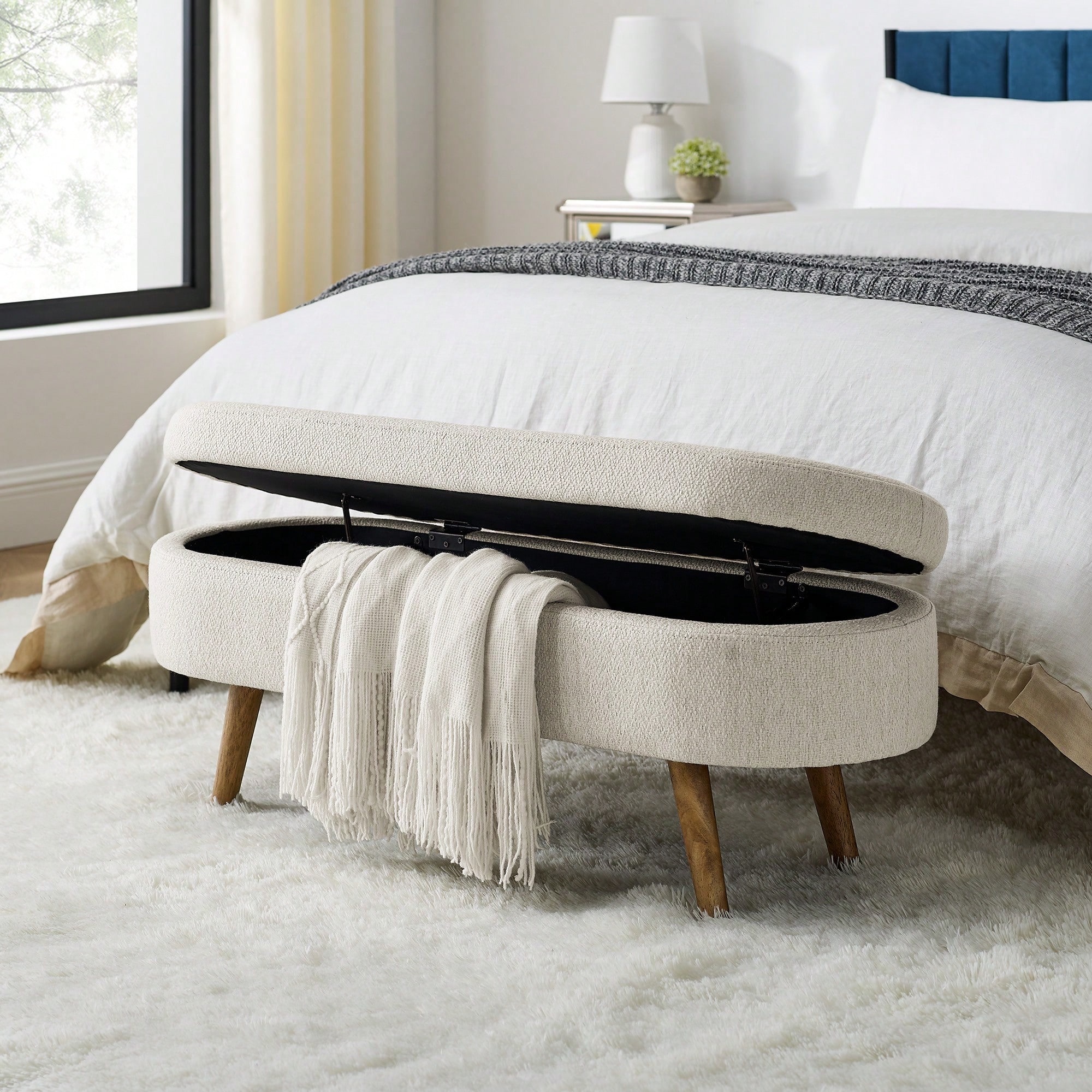 43.5 Inch Storage Bench Linen Upholstered Entryway Settee…