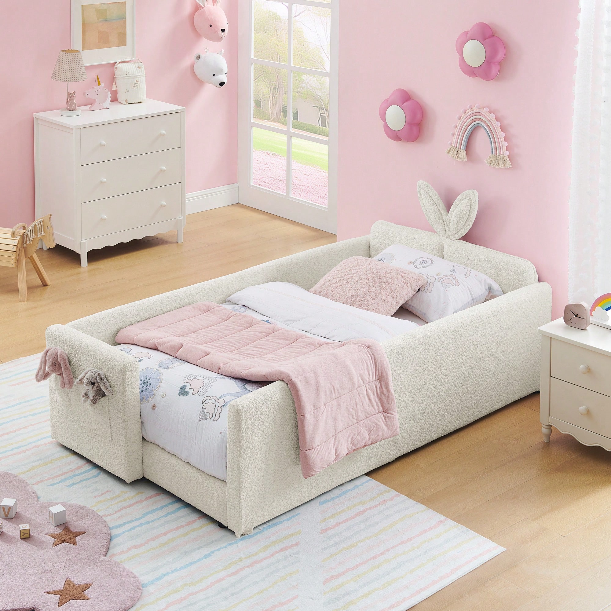 Twin Size Upholstered Platform Bed Frame With Cute Rabbit…